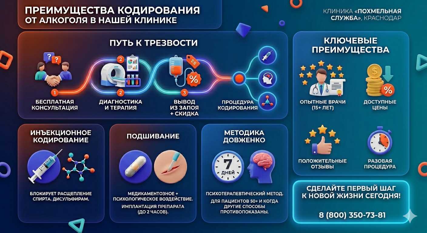 Инфографика о методах кодирования от алкоголя в Успенском: инъекции, подшивание, метод Довженко. Преимущества клиники и этапы лечения.